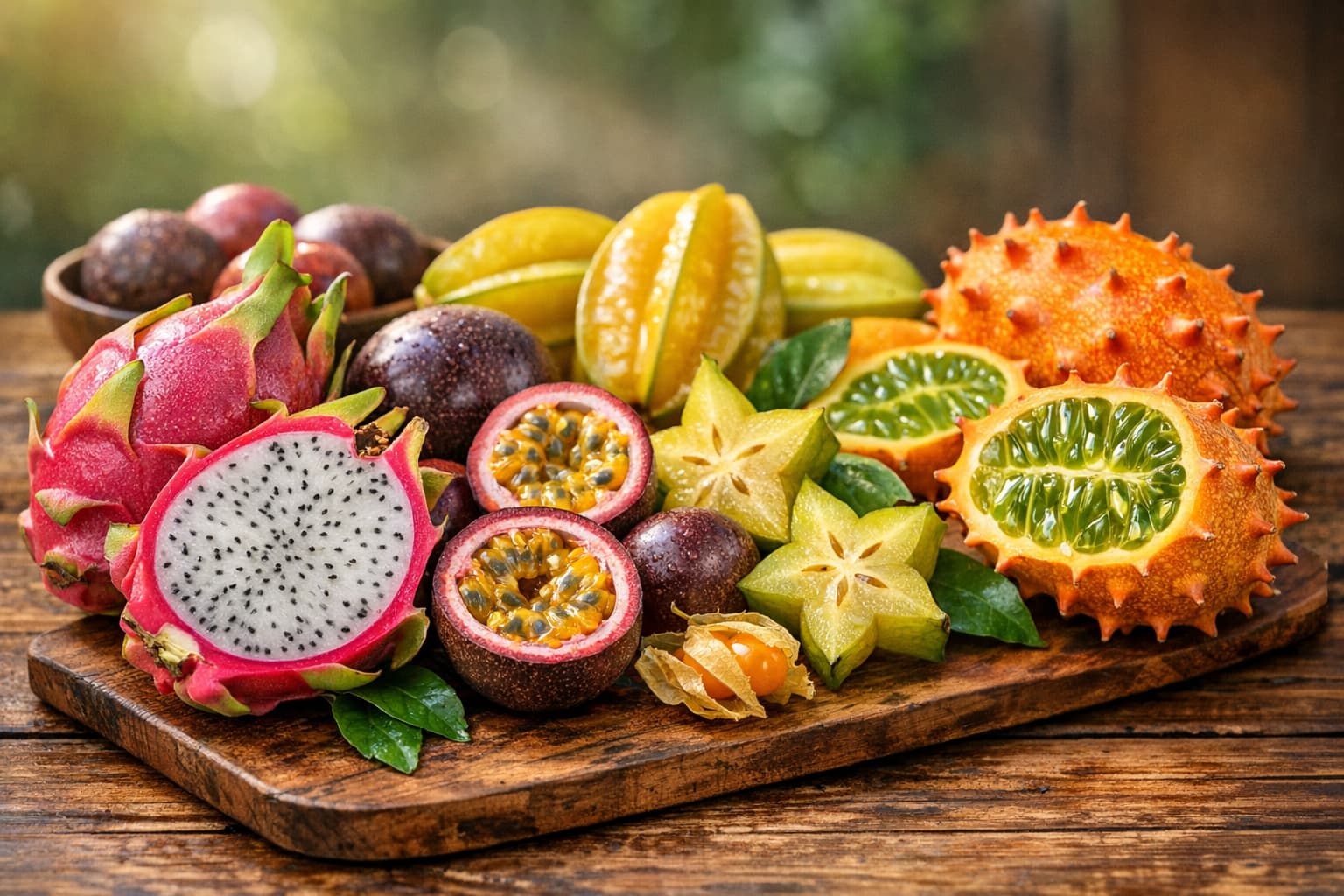 A vibrant assortment of exotic fruits on a wooden table.