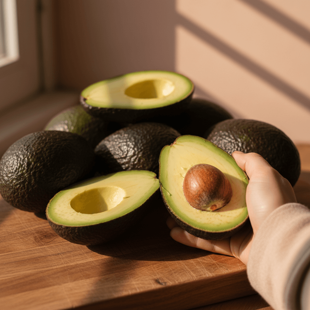 Fresh avocados cut in half and whole, arranged on a wooden surface