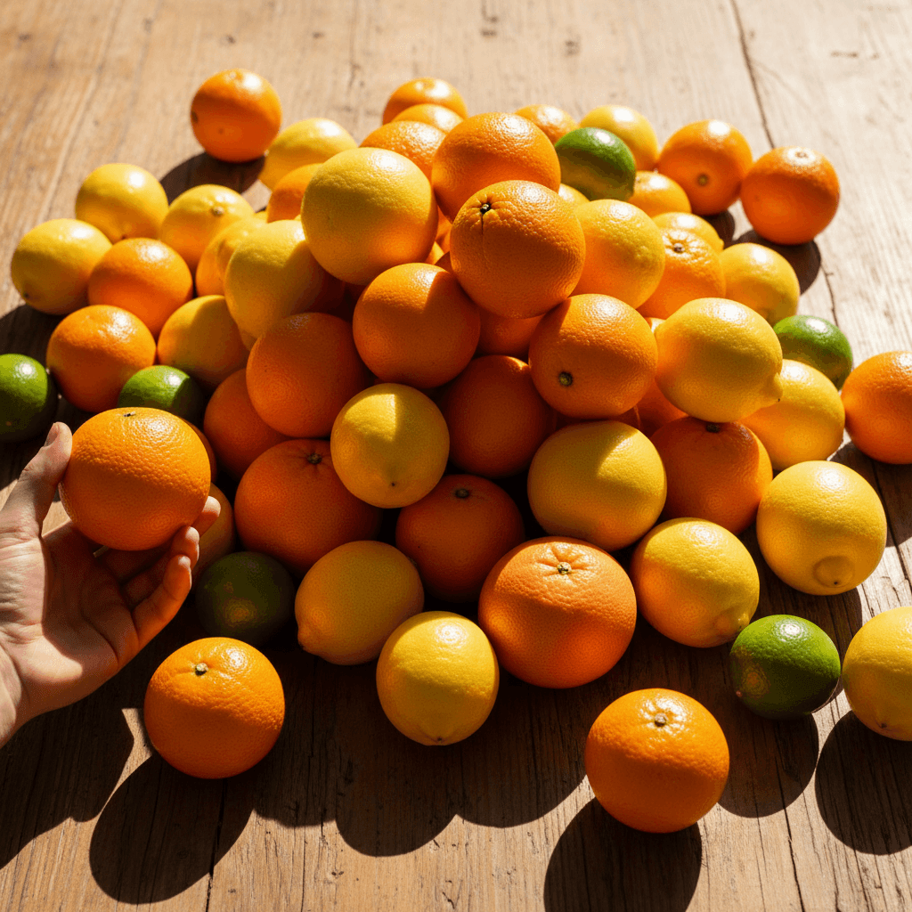Assorted fresh citrus fruits including oranges, lemons, and grapefruits