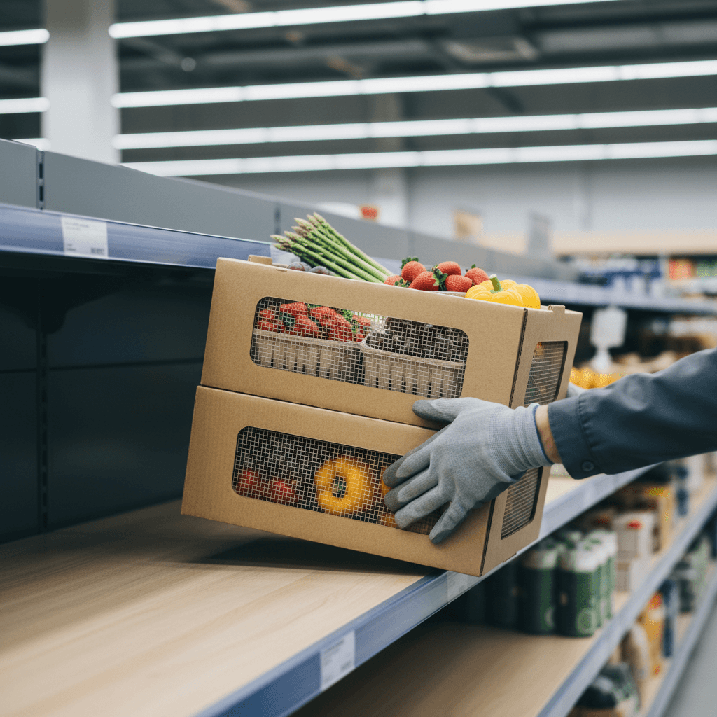 Delivery worker stocking fresh produce boxes on retail store shelf