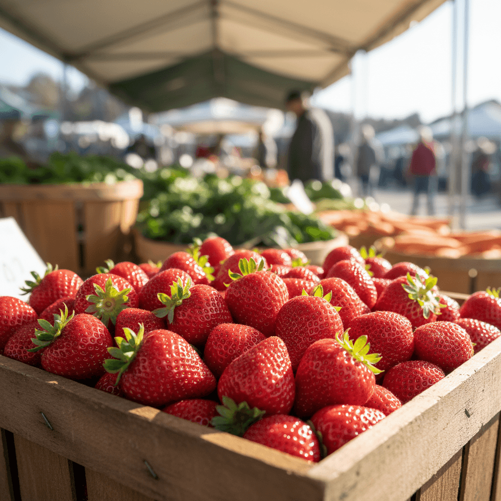 Fresh strawberries in wooden crate
