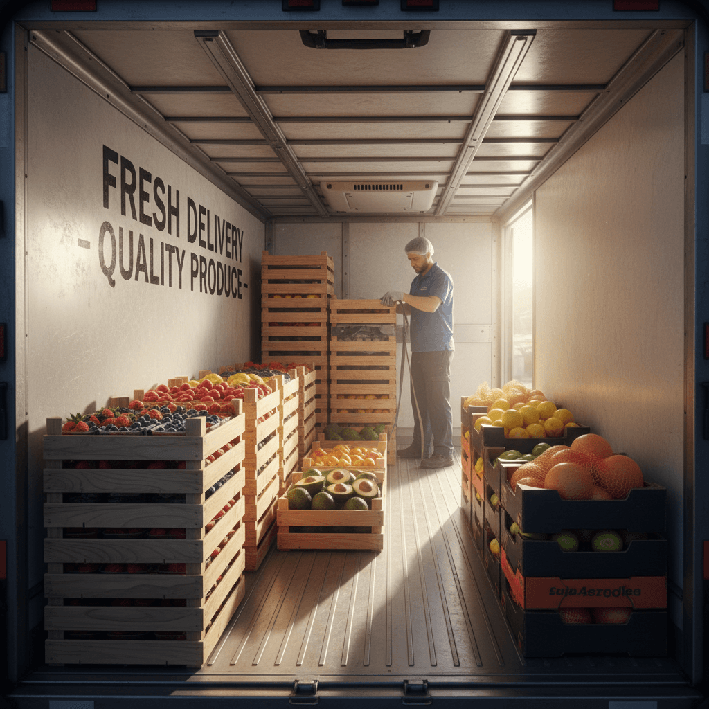 Organized produce in refrigerated delivery vehicle