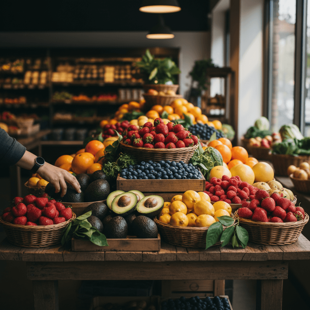 Well-stocked retail produce display with fresh berries, avocados, and citrus