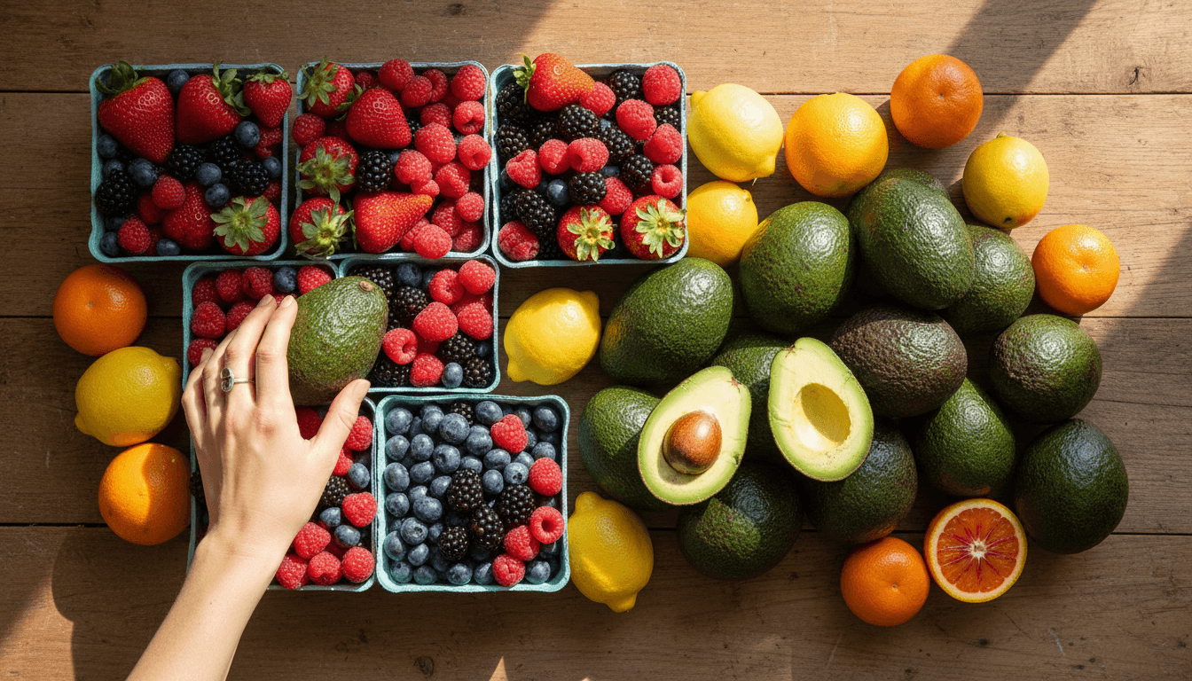 Fresh berries, avocados, and citrus fruits arranged on a wooden table in natural daylight