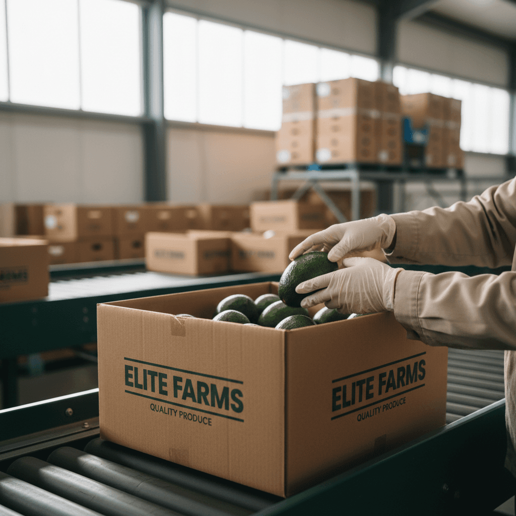 Worker packing fresh avocados for distribution