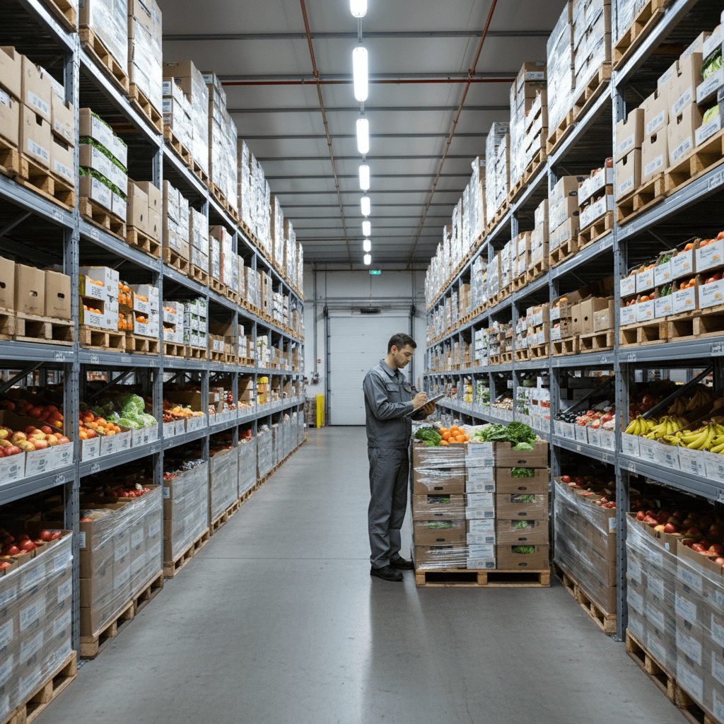 Organized warehouse shelves stocked with produce boxes