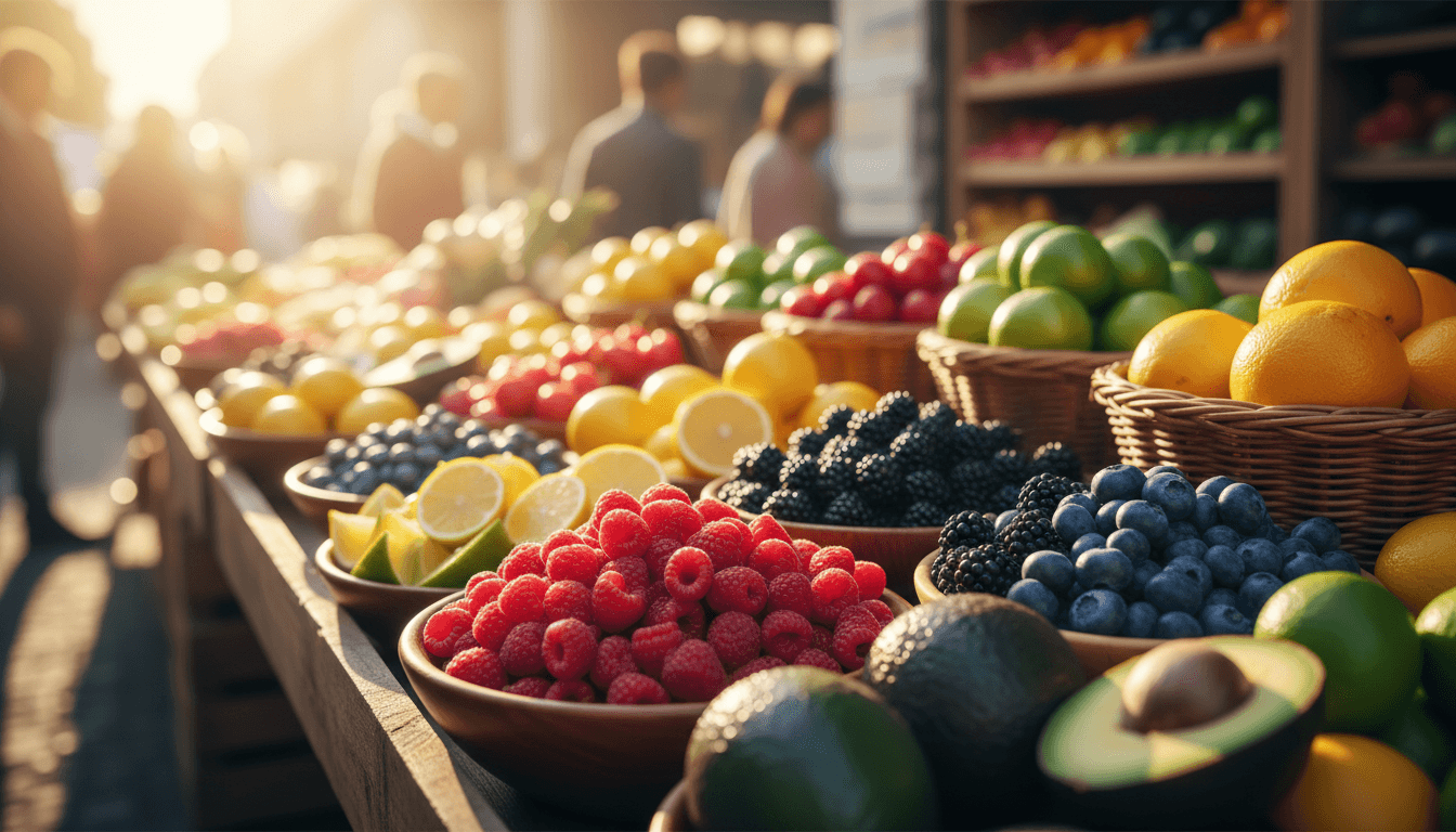 Fresh berries, avocados, and citrus arranged in wooden crates